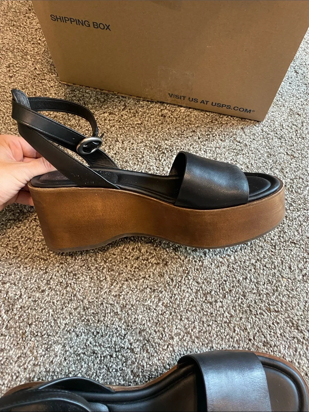 Vince Black Leather Ankle-Strap Wedge Sandals with Brown Platform